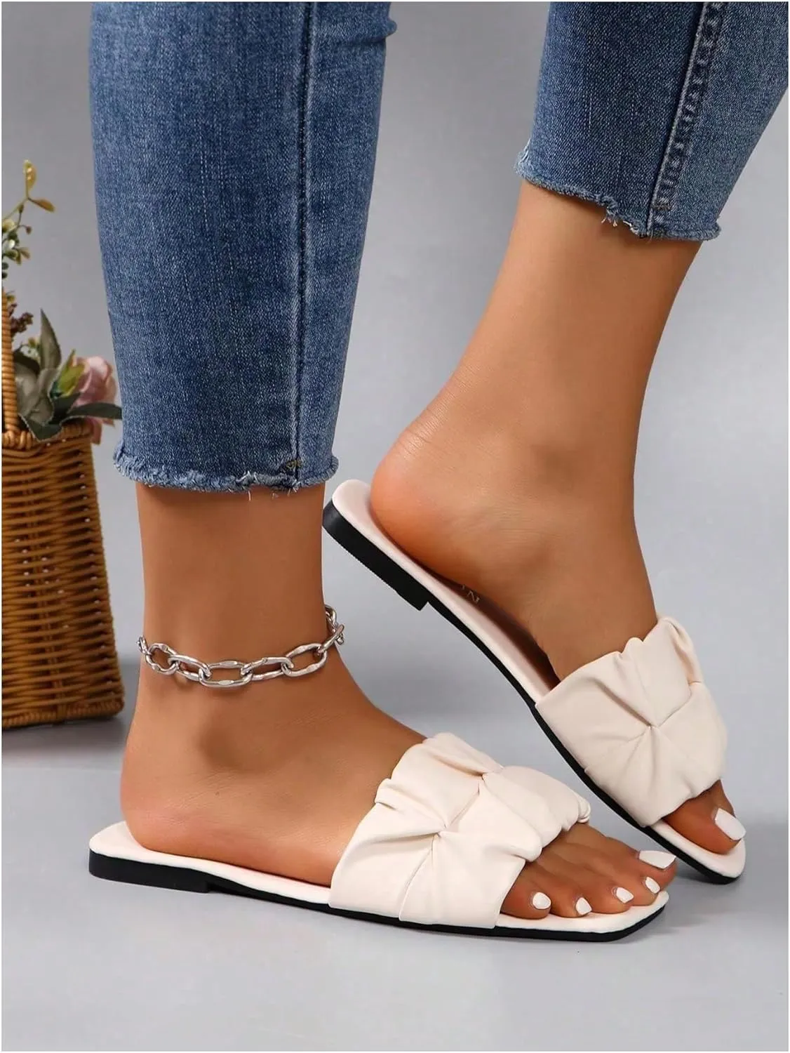OYOANGLE Women's Leather Ruched Single Band Sandals Square Toe Slip On Flat Sandals