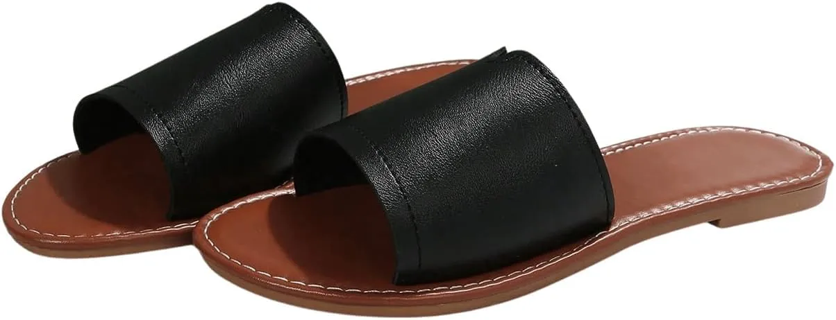 OYOANGLE Women's PU Leather Open Toe Flat Sandals Single Band Summer Casual Slip on Slides