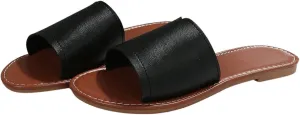 OYOANGLE Women's PU Leather Open Toe Flat Sandals Single Band Summer Casual Slip on Slides