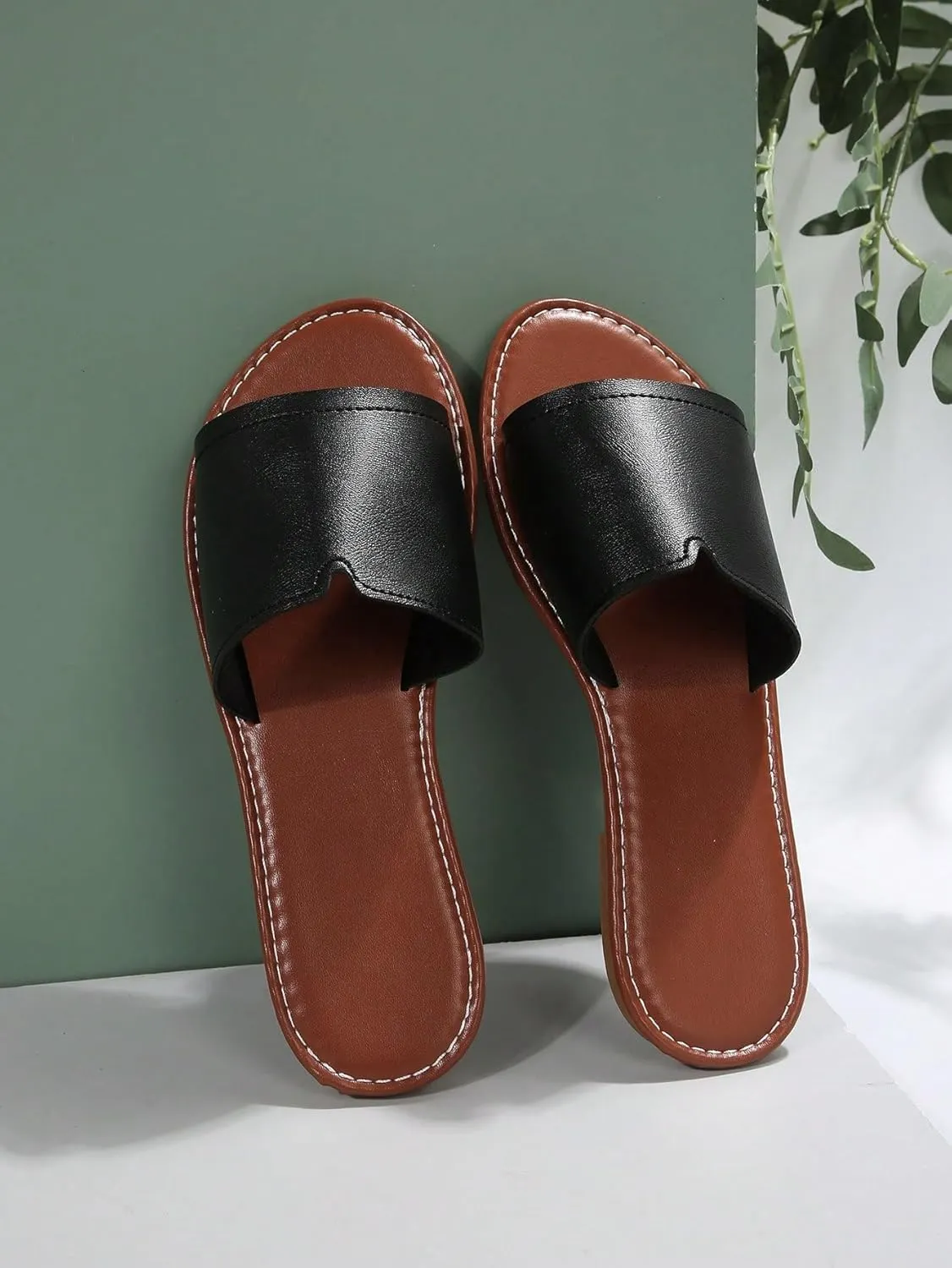 OYOANGLE Women's PU Leather Open Toe Flat Sandals Single Band Summer Casual Slip on Slides