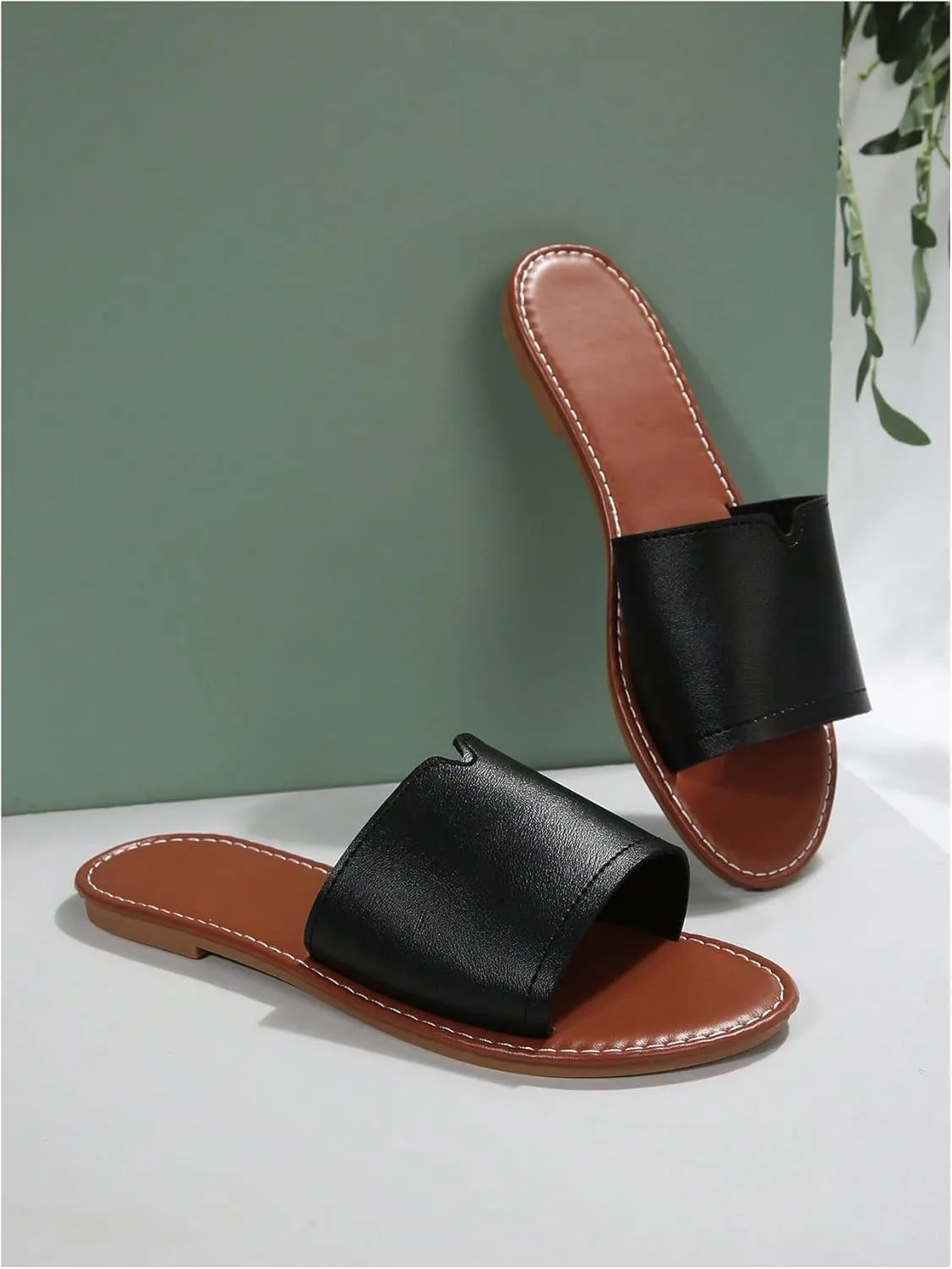 OYOANGLE Women's PU Leather Open Toe Flat Sandals Single Band Summer Casual Slip on Slides