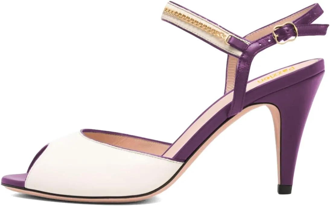 Pazzion Women Elegant Two Toned Peep Toe High Heel Sandals Chain Strap Buckles Cone Heeled Pumps Sexy Wedding Fancy Party Shoes Size 4-16 US