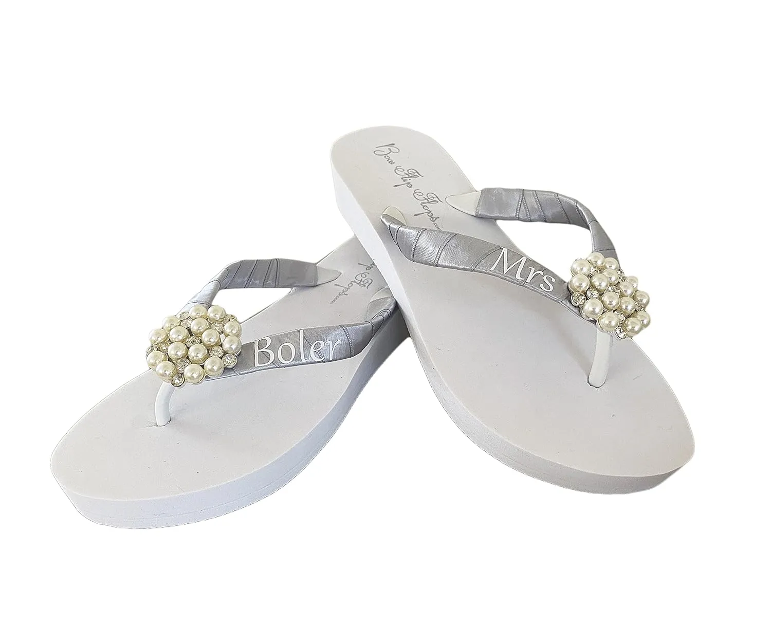 Pearl & Rhinestone Mrs Satin Flip Flops, Flat Low or High Wedge Heel in White and Ivory