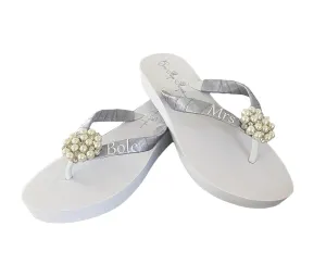Pearl & Rhinestone Mrs Satin Flip Flops, Flat Low or High Wedge Heel in White and Ivory