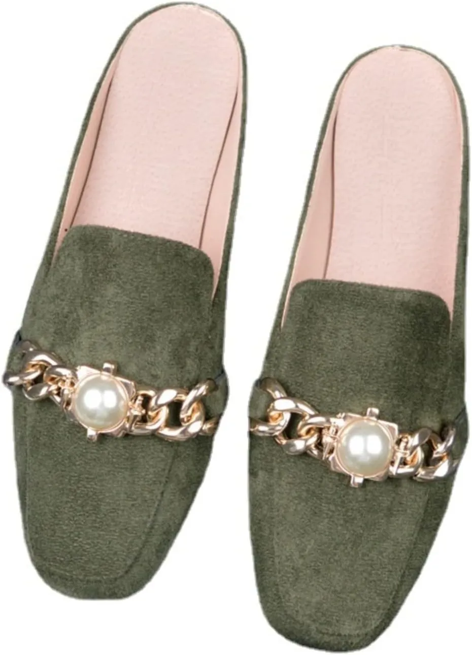 pearlzone Mules for Women Rhinestones Flats Slip on Closed Pointed Toe Loafers Slides Backless Metal Chain Shoes，Womens Rhinestones Mules Casual Shoes