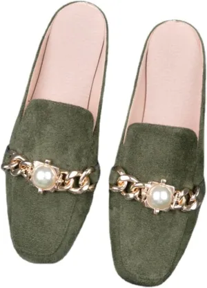 pearlzone Mules for Women Rhinestones Flats Slip on Closed Pointed Toe Loafers Slides Backless Metal Chain Shoes，Womens Rhinestones Mules Casual Shoes