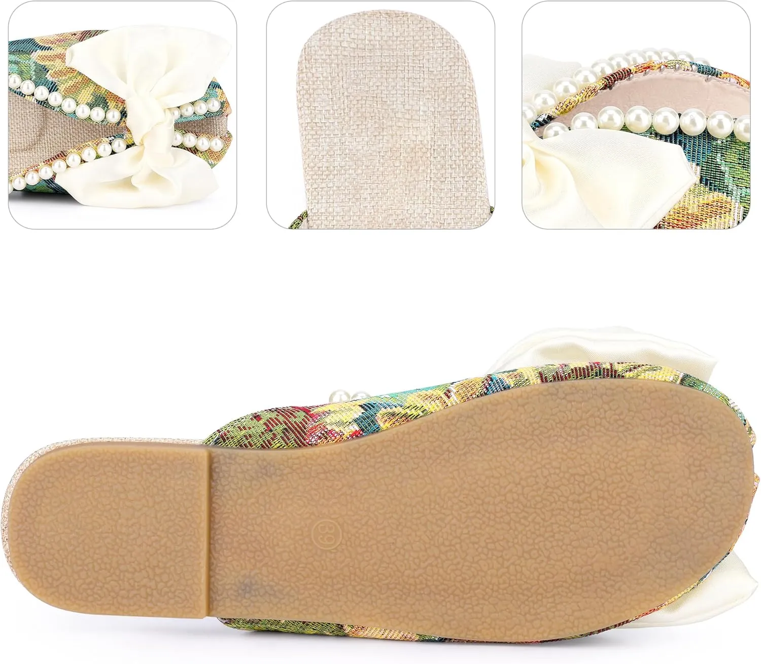 Perphy Floral Printed Peep Toe Slip on Pearl Flat Shoes Slides Mules for Women