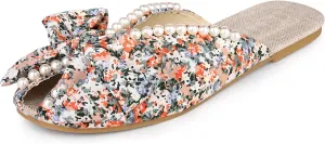 Perphy Floral Printed Peep Toe Slip on Pearl Flat Shoes Slides Mules for Women