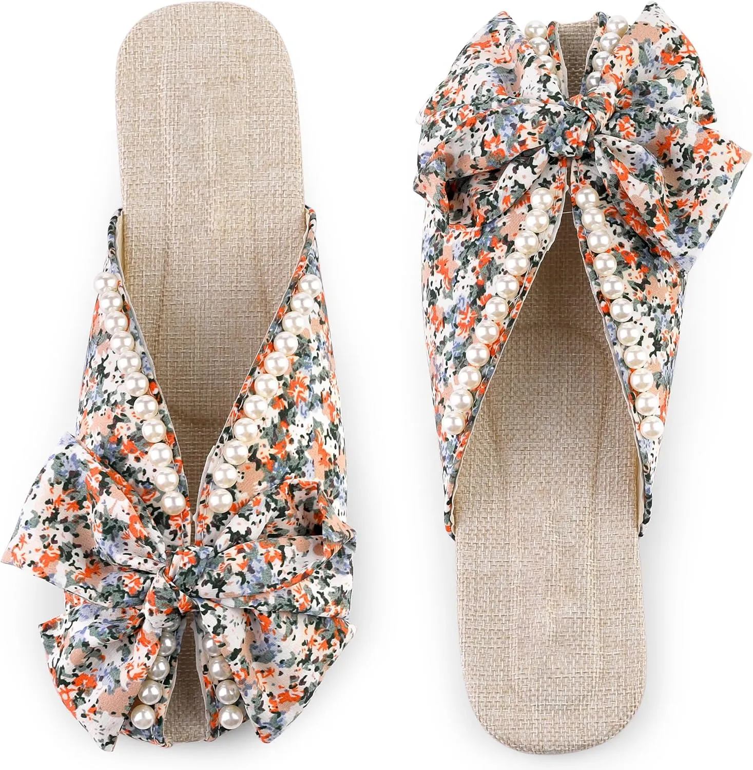 Perphy Floral Printed Peep Toe Slip on Pearl Flat Shoes Slides Mules for Women