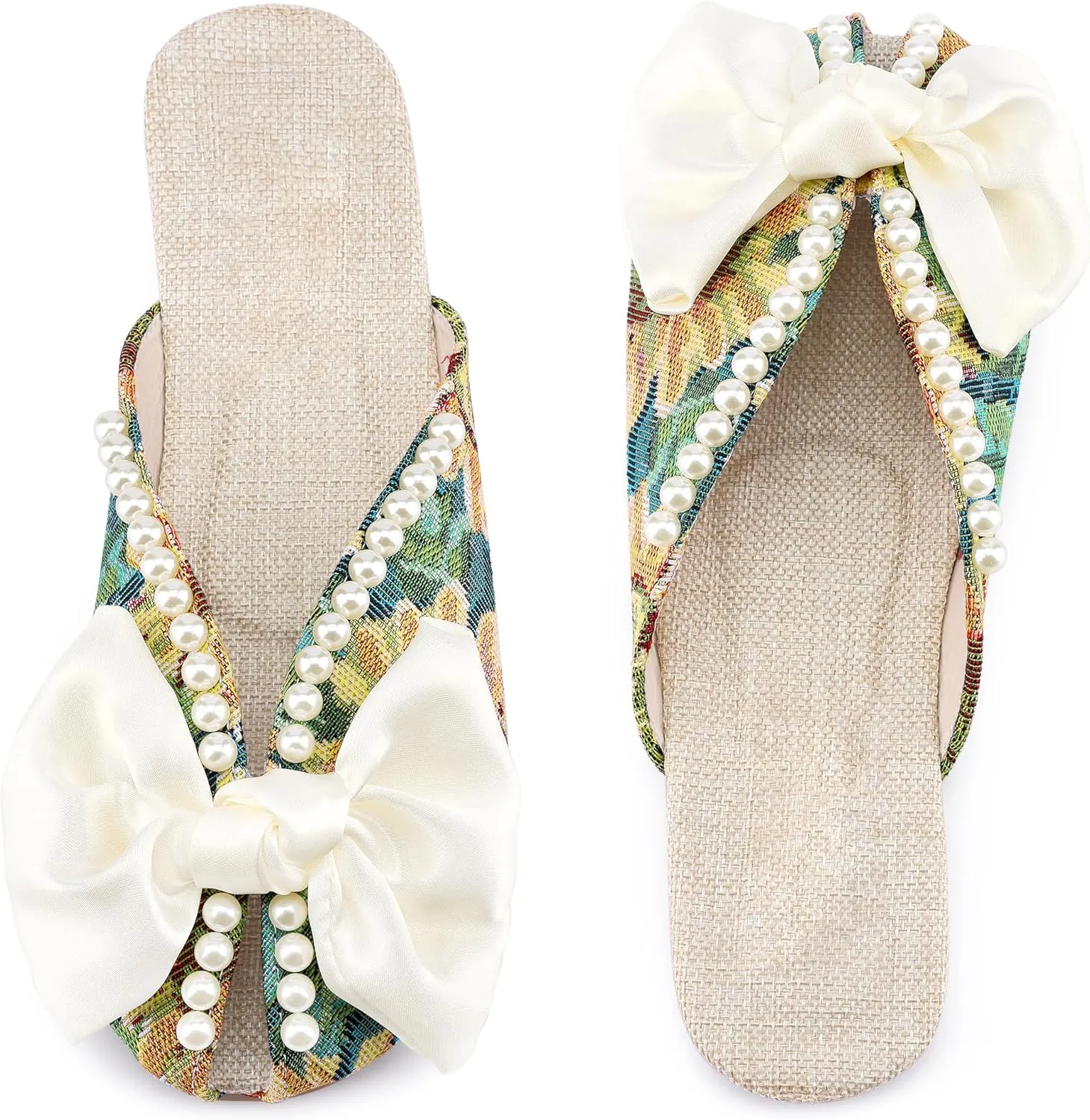Perphy Floral Printed Peep Toe Slip on Pearl Flat Shoes Slides Mules for Women