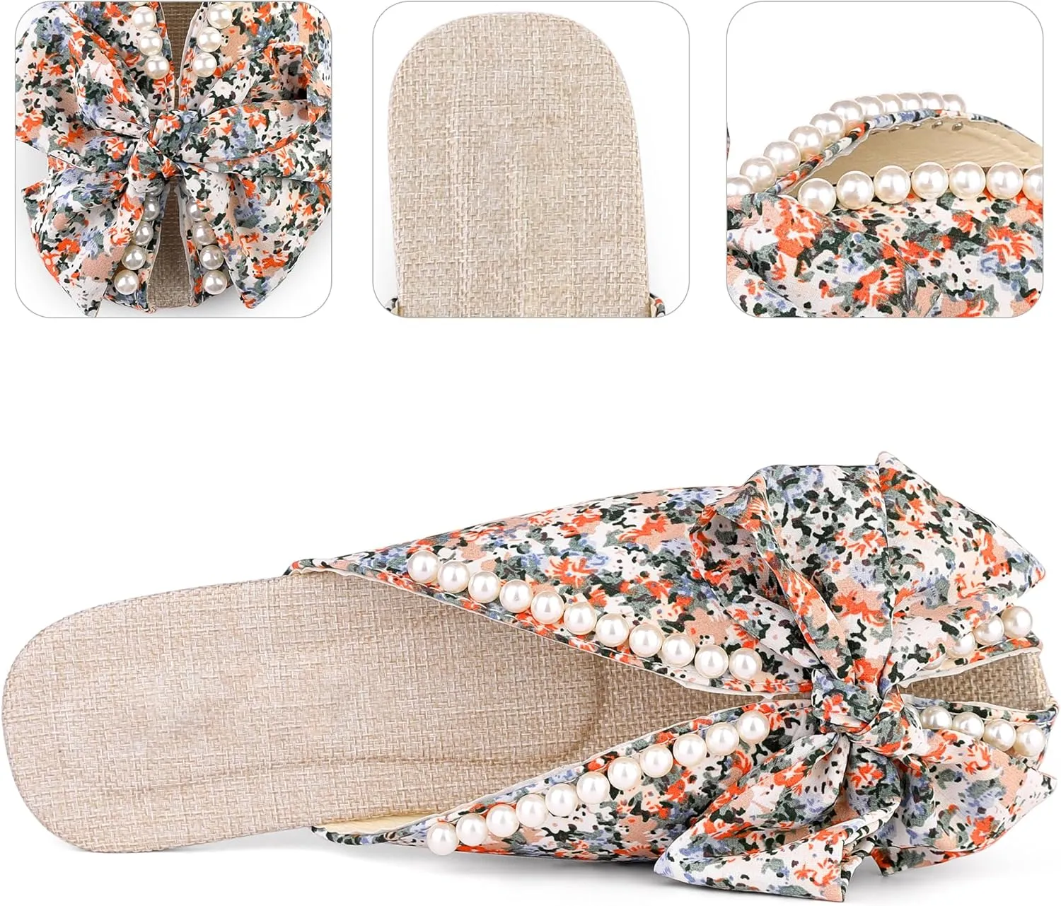 Perphy Floral Printed Peep Toe Slip on Pearl Flat Shoes Slides Mules for Women