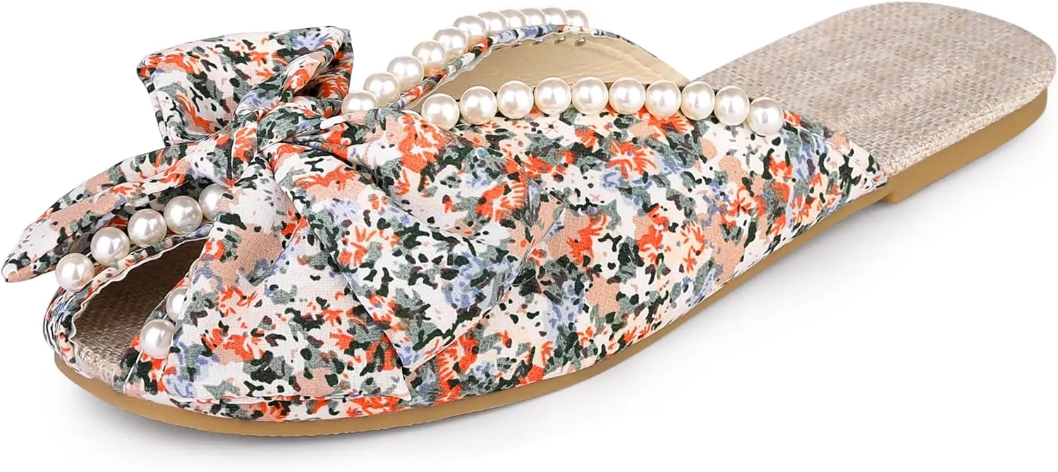 Perphy Floral Printed Peep Toe Slip on Pearl Flat Shoes Slides Mules for Women