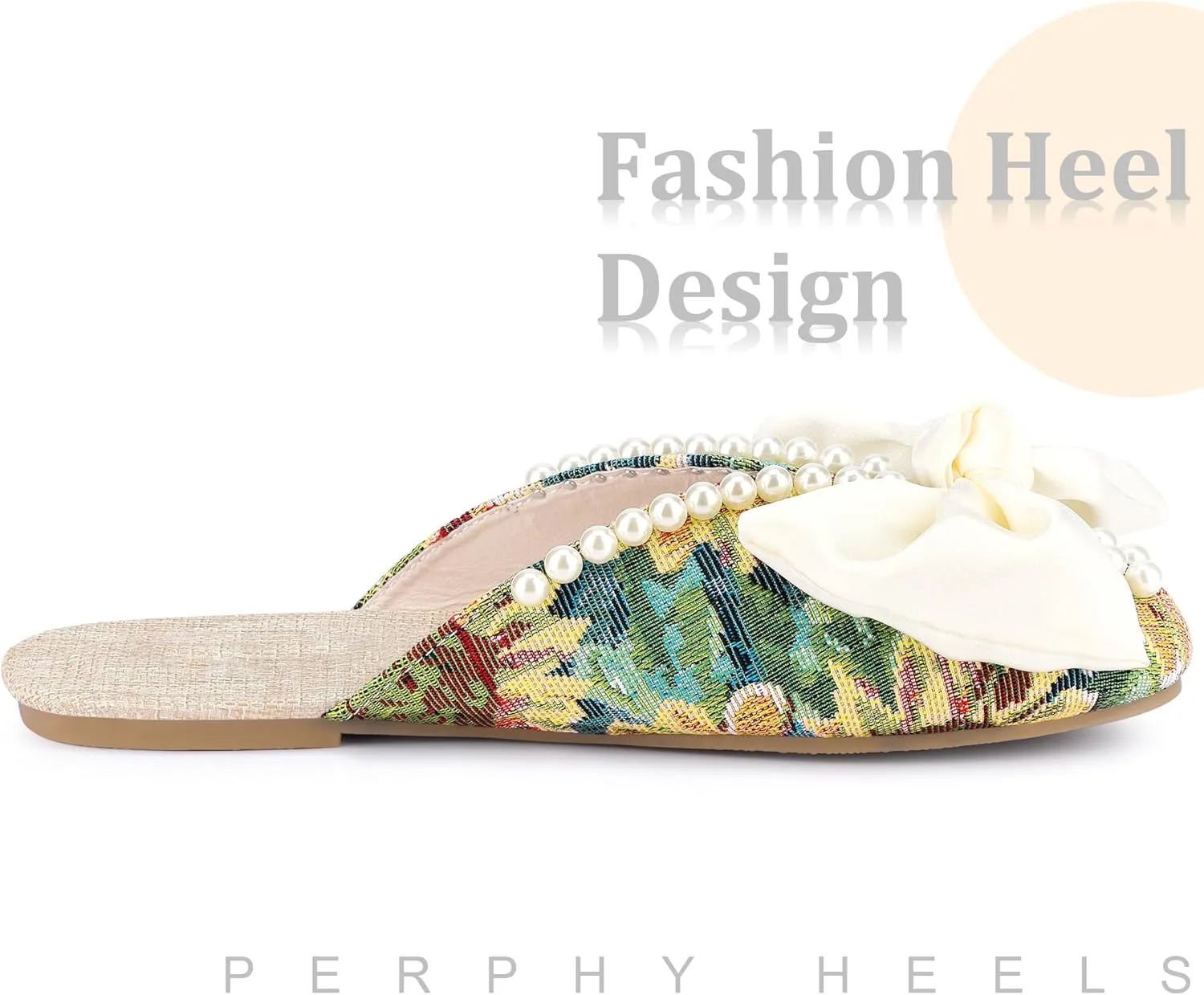 Perphy Floral Printed Peep Toe Slip on Pearl Flat Shoes Slides Mules for Women