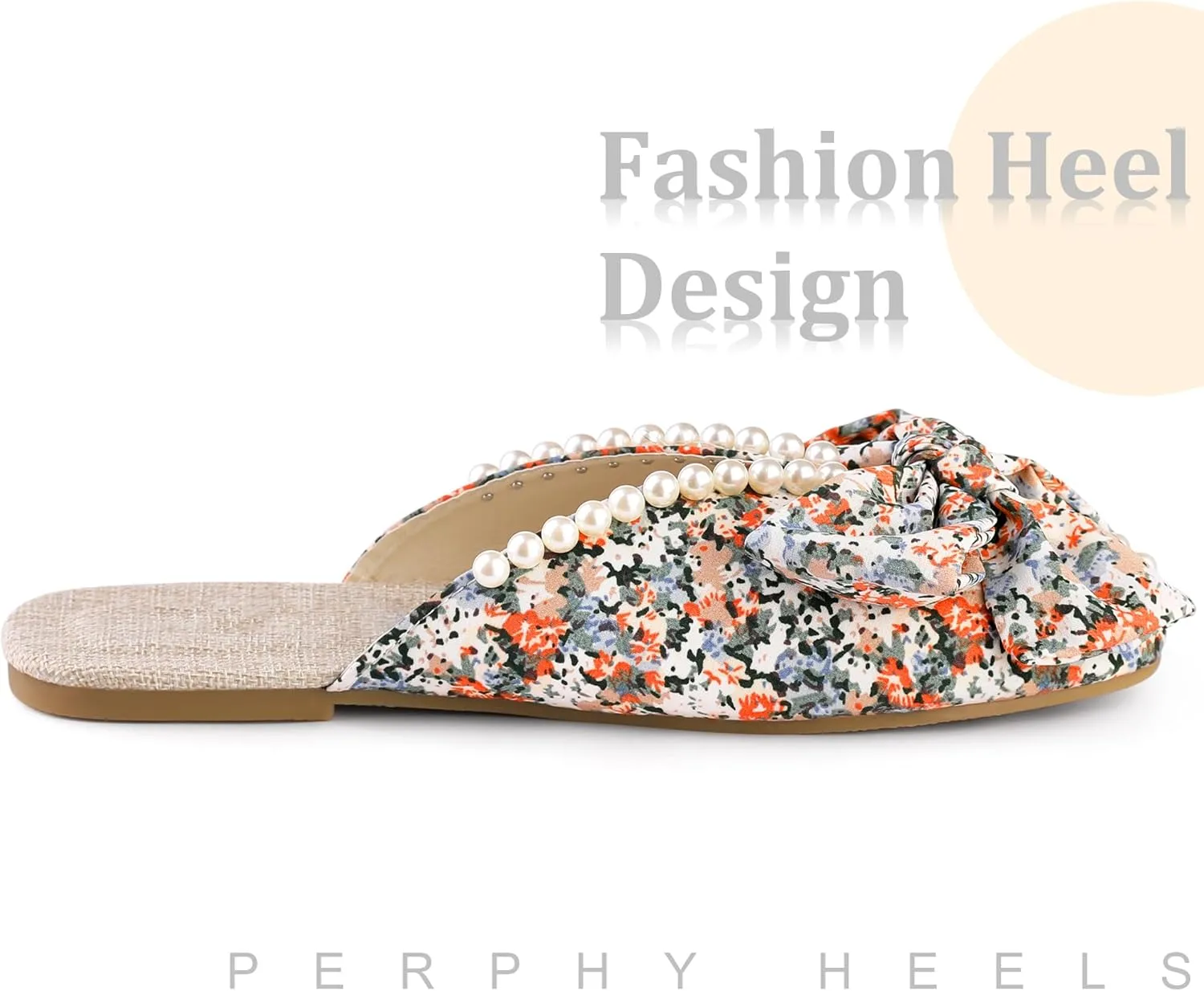 Perphy Floral Printed Peep Toe Slip on Pearl Flat Shoes Slides Mules for Women