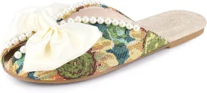 Perphy Floral Printed Peep Toe Slip on Pearl Flat Shoes Slides Mules for Women