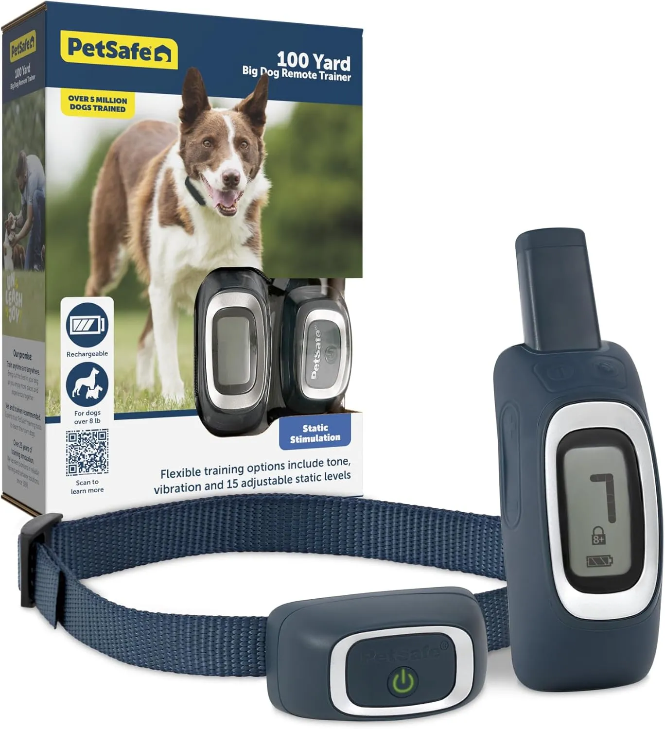 PetSafe Remote Trainer Dog Training Collar - 3 Training Modes: Tone, Vibration, 15 Levels of Static Stimulation, Standard for Dogs Over 8lb  - Waterproof, Durable, Rechargeable - 100 Yards (300 Feet)