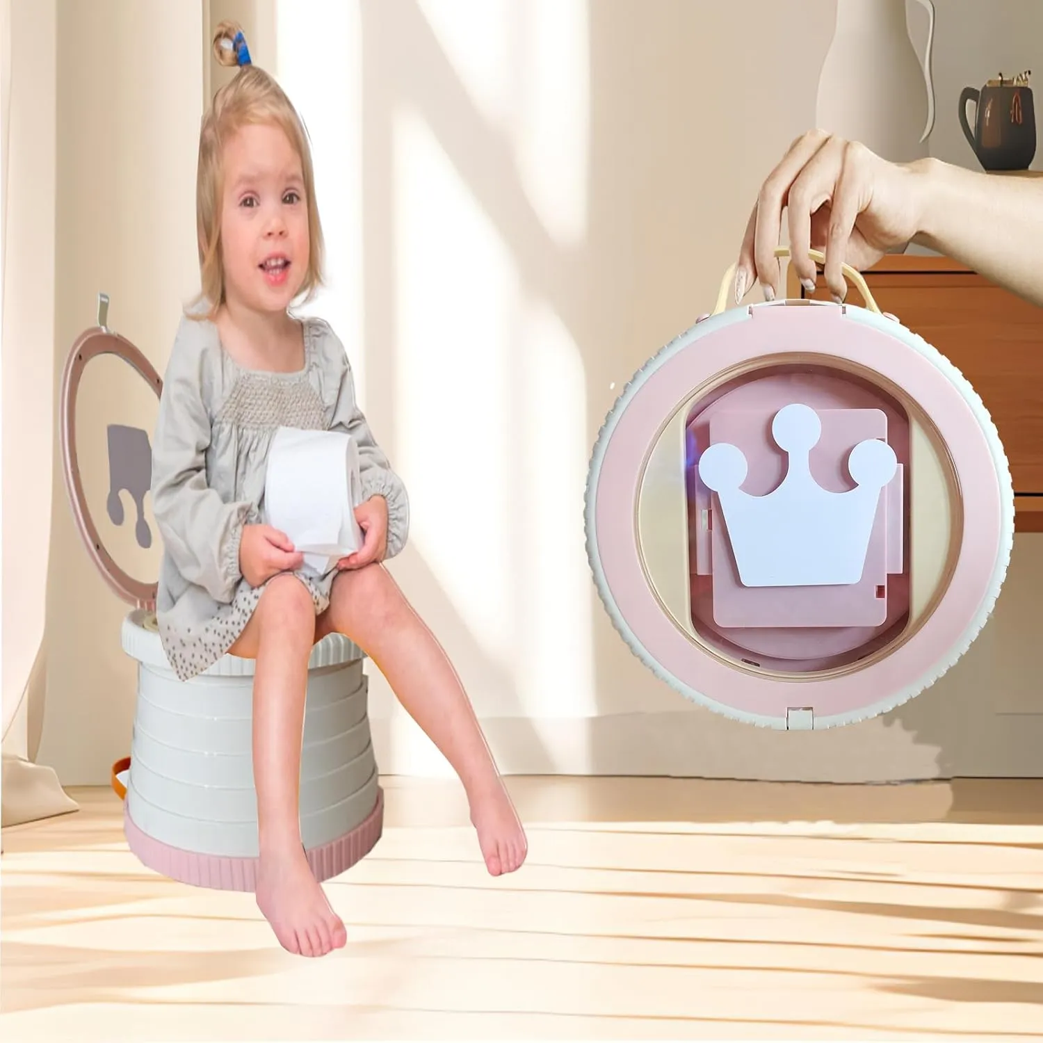 Portable, Foldable Potty seat for Toddler, Training Toilet Seat Emergency Toilet The Bottom Has the Function of Storing Garbage Bags for Car, Camping, (pink)