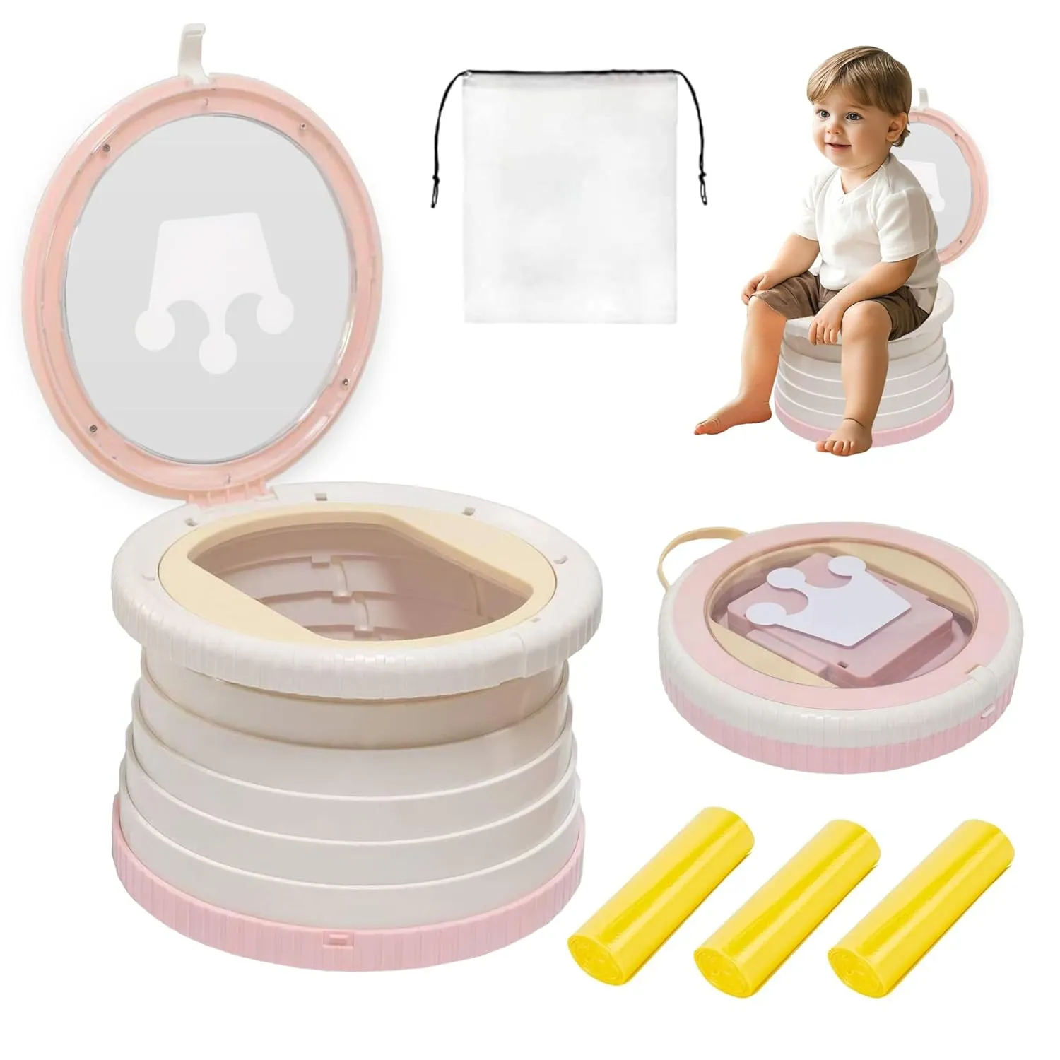Portable, Foldable Potty seat for Toddler, Training Toilet Seat Emergency Toilet The Bottom Has the Function of Storing Garbage Bags for Car, Camping, (pink)