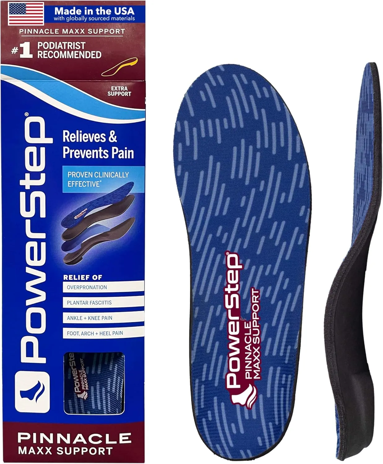 PowerStep Pinnacle Maxx Orthotic Insoles - for Maximum Stability & Comfort - Firm   Flexible Angled Heel Style to Help Flat Feet & Overpronation - Heavy Duty Inserts - Made in USA (M 5-5.5, F 7-7.5)