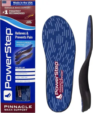 PowerStep Pinnacle Maxx Orthotic Insoles - for Maximum Stability & Comfort - Firm   Flexible Angled Heel Style to Help Flat Feet & Overpronation - Heavy Duty Inserts - Made in USA (M 5-5.5, F 7-7.5)