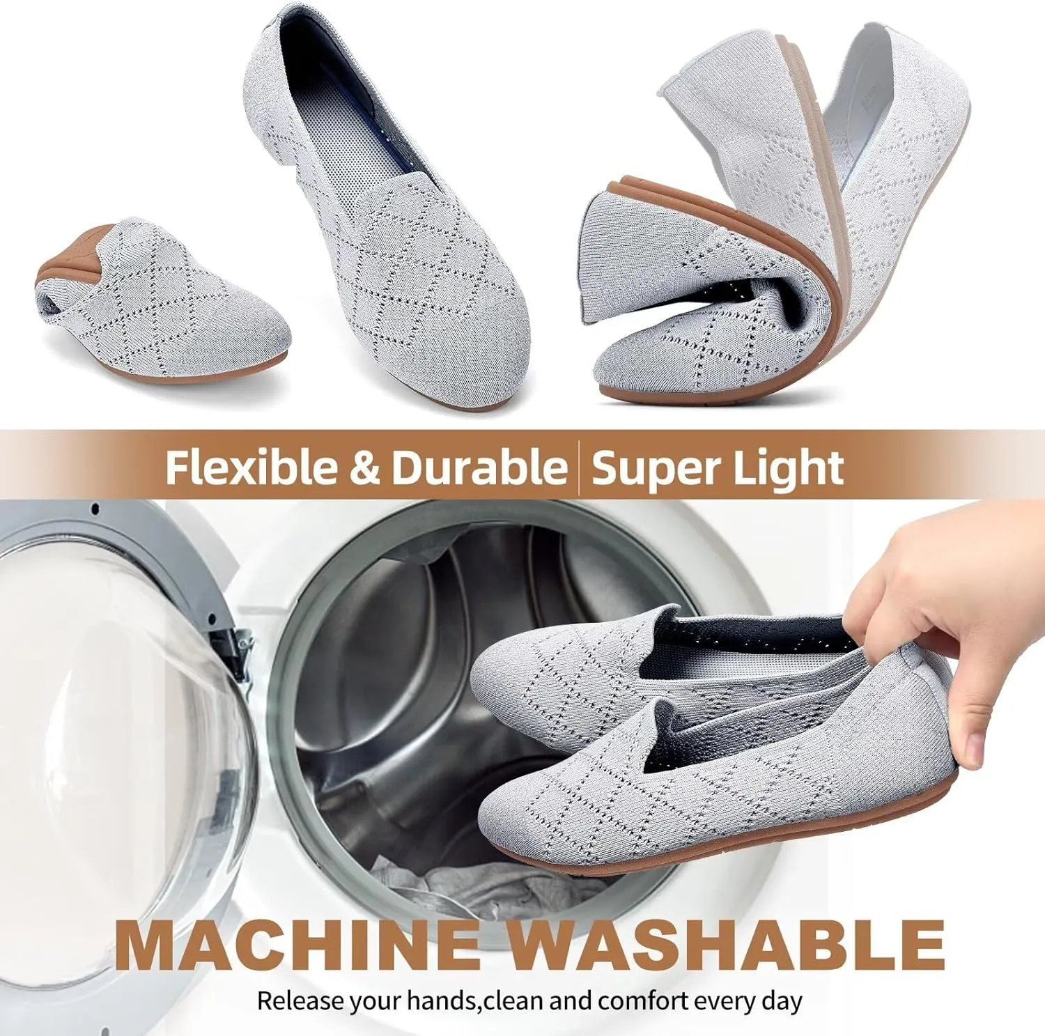 Puxowe Ballet Flats for Women - Stretch Knit Slip-On Low Wedge Shoes, Soft Round Toe Design for Office, Travel & Daily Walking