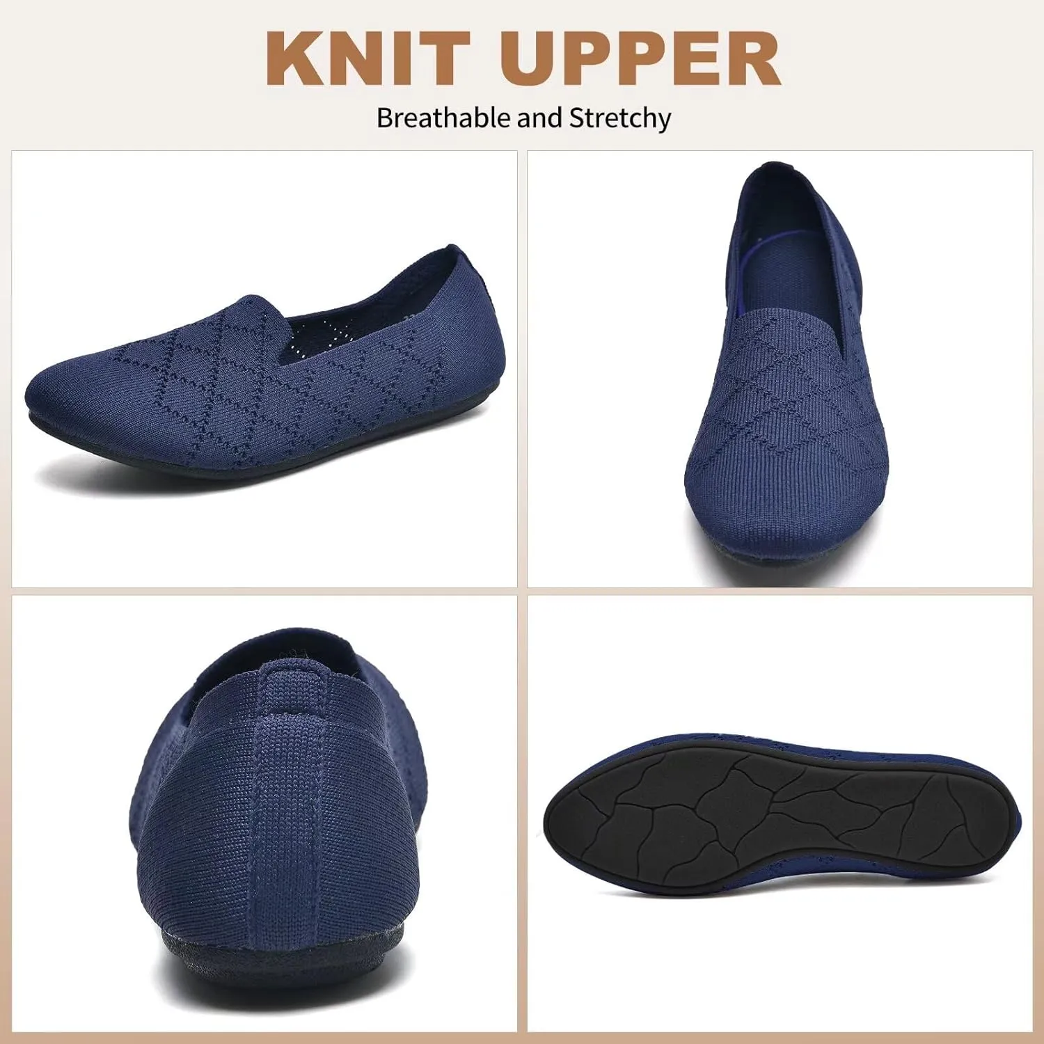 Puxowe Ballet Flats for Women - Stretch Knit Slip-On Low Wedge Shoes, Soft Round Toe Design for Office, Travel & Daily Walking