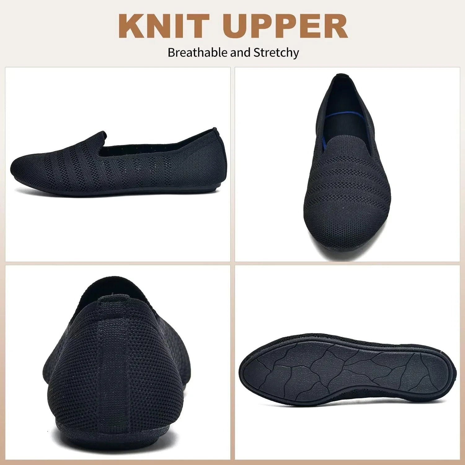 Puxowe Women's Knit Ballet Flats Slip-On Shoes with Low Wedge Sole - Comfortable Round Toe Shoes for Walking, Dress & Casual Outfits