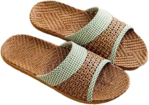 Rattan Slippers for Women Men Open Toe, Womens House Slippers Slippers Summer Home Indoor Linen Slippers Indoor Outdoor Wooden Floor Mute Couple Breathable Shoes