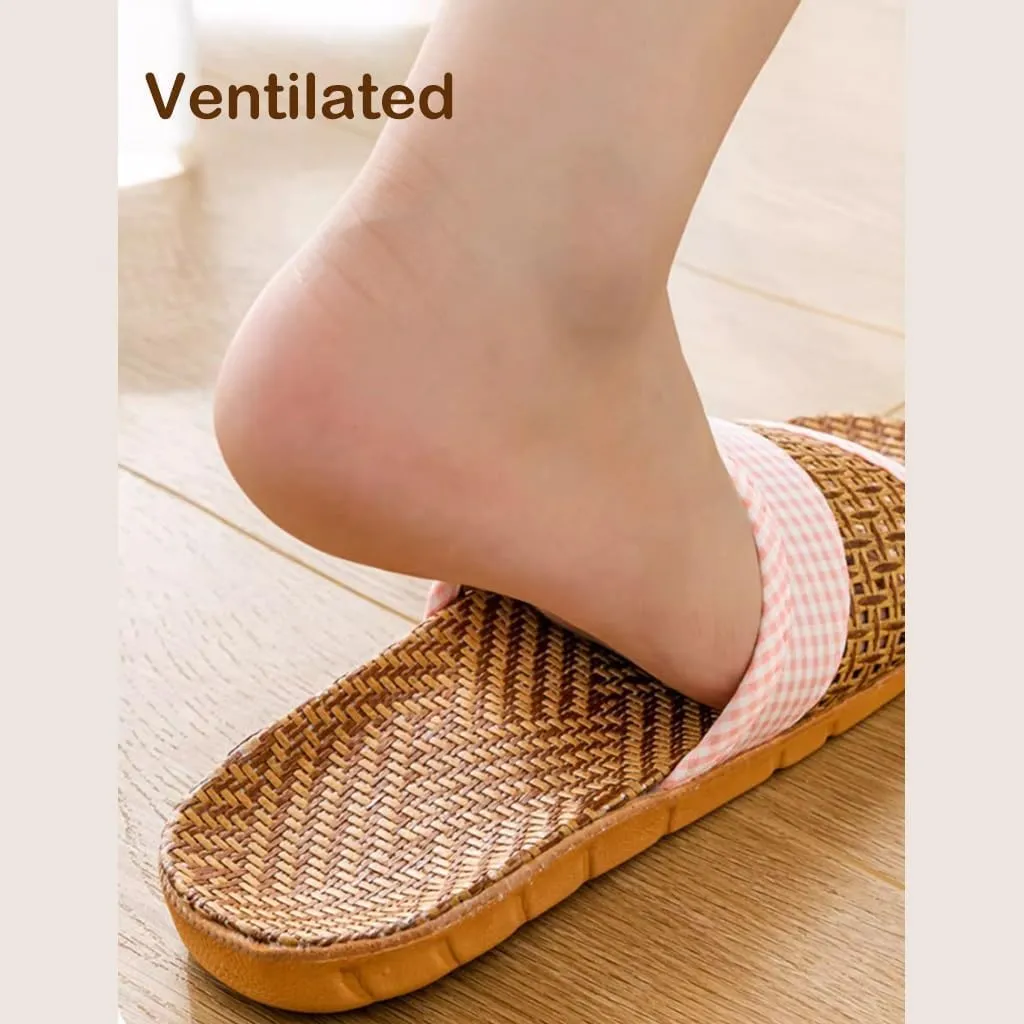 Rattan Slippers for Women Men Open Toe, Womens House Slippers Slippers Summer Home Indoor Linen Slippers Indoor Outdoor Wooden Floor Mute Couple Breathable Shoes