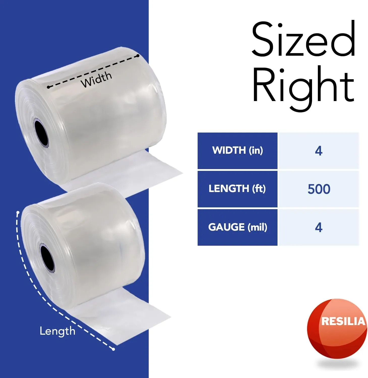 Resilia Lay Flat Poly Tubing - Food-Grade Polyethylene, Custom Poly Bag Packaging Solution, 4 Inches x 500 Feet, 4-Mil Thickness, 1 Roll