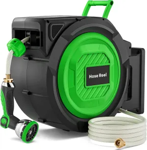 Retractable Garden Hose Reel, 5/8 in x 100 ft Heavy Duty Wall-Mounted Hose Reel with 180° Swivel Bracket, 10-Pattern Nozzle, Automatic Slow Return System, Any Length Lock for outside Watering,Cleaning