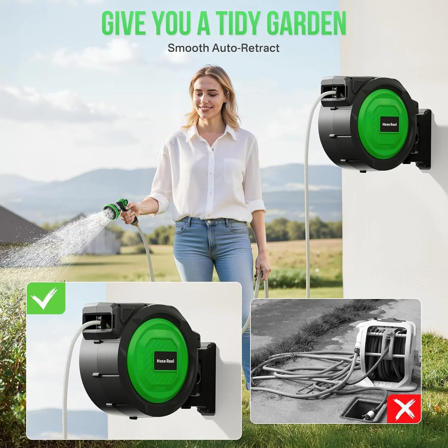 Retractable Garden Hose Reel, 5/8 in x 100 ft Heavy Duty Wall-Mounted Hose Reel with 180° Swivel Bracket, 10-Pattern Nozzle, Automatic Slow Return System, Any Length Lock for outside Watering,Cleaning