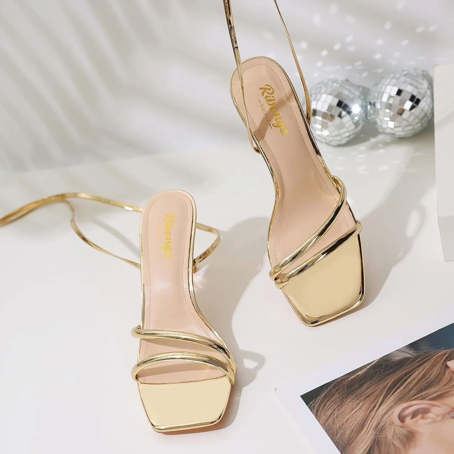 RIBONGZ Strappy Heels for Women Square Open Toe Tie Up Sandals Ankle Strap Lace Up Stiletto High Heels Sexy for Wedding Prom Party Comfort Dress Shoes