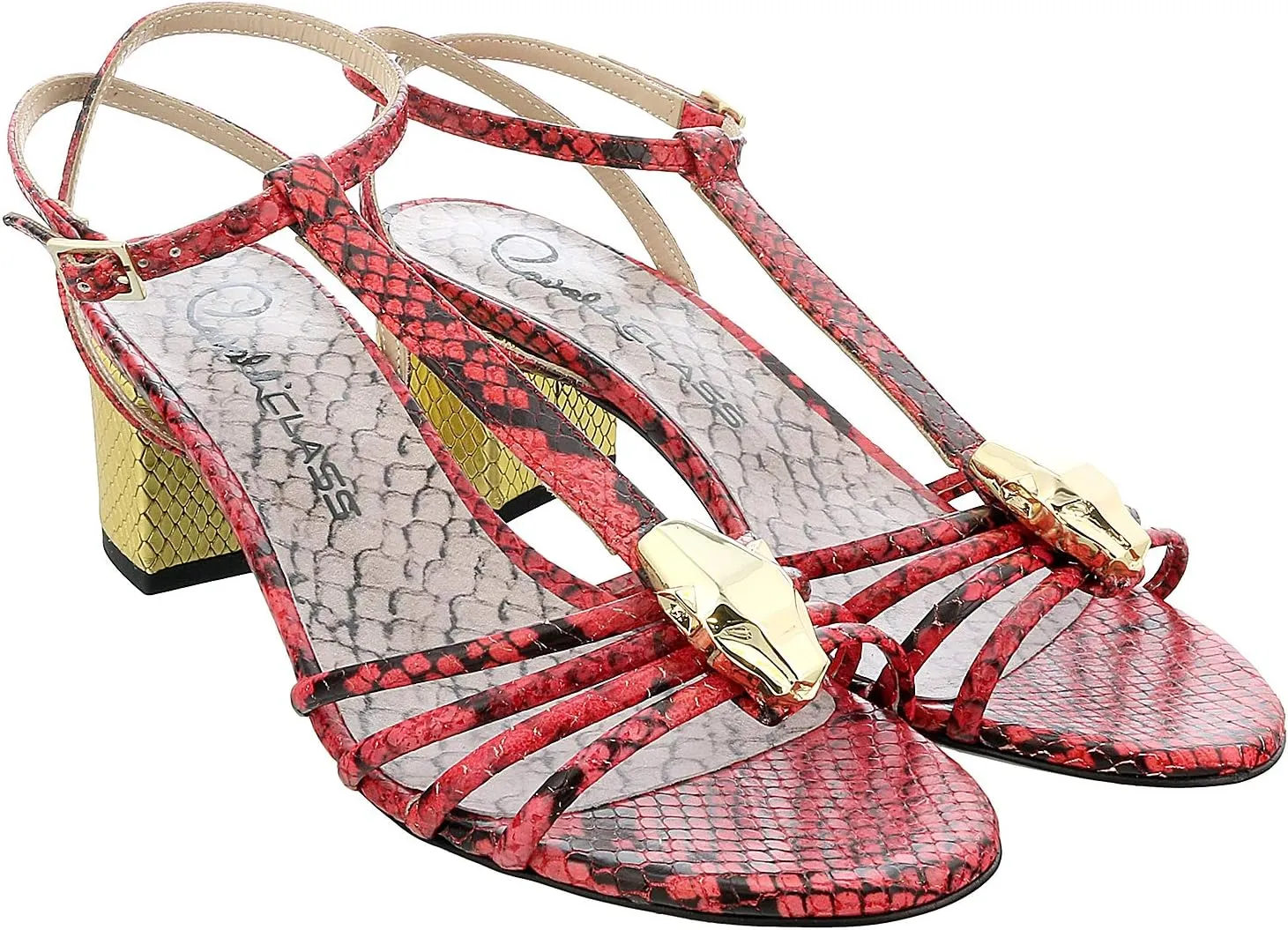 ROBERTO CAVALLI Class Coral/Gold Leather Classic Sling Back Mid Heel Shoes- for Womens
