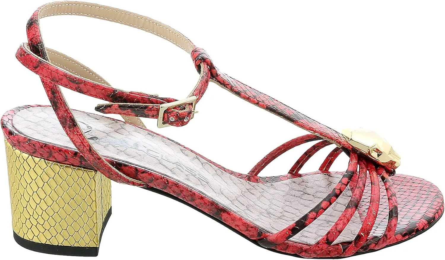 ROBERTO CAVALLI Class Coral/Gold Leather Classic Sling Back Mid Heel Shoes- for Womens