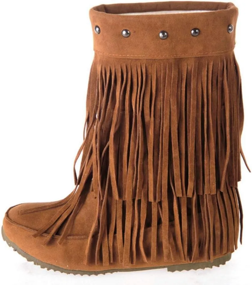 Scaoruki Classic Fringe Mid Women Boots Pull On Flat Winter Shoes