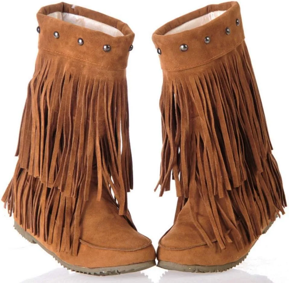 Scaoruki Classic Fringe Mid Women Boots Pull On Flat Winter Shoes