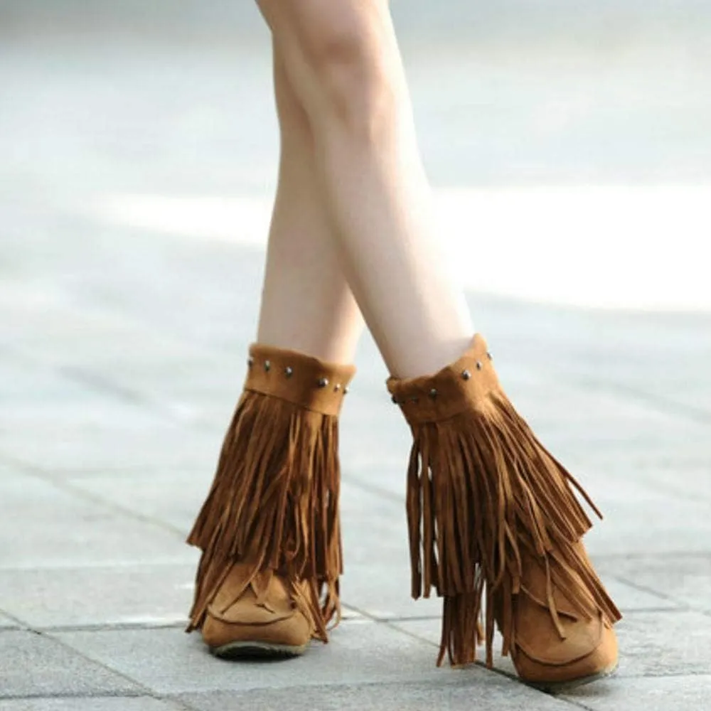Scaoruki Classic Fringe Mid Women Boots Pull On Flat Winter Shoes