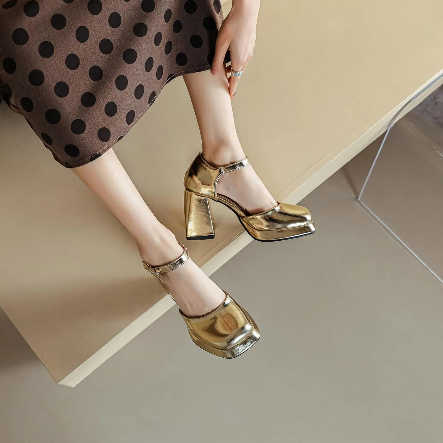 SEIFIN Platform Chunky Heels for Women Ankle Strap Pumps High Heels Sandal Platform Heels Closed Toe Wedding Party Pumps Shoes
