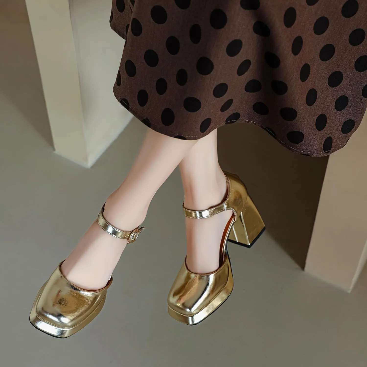SEIFIN Platform Chunky Heels for Women Ankle Strap Pumps High Heels Sandal Platform Heels Closed Toe Wedding Party Pumps Shoes