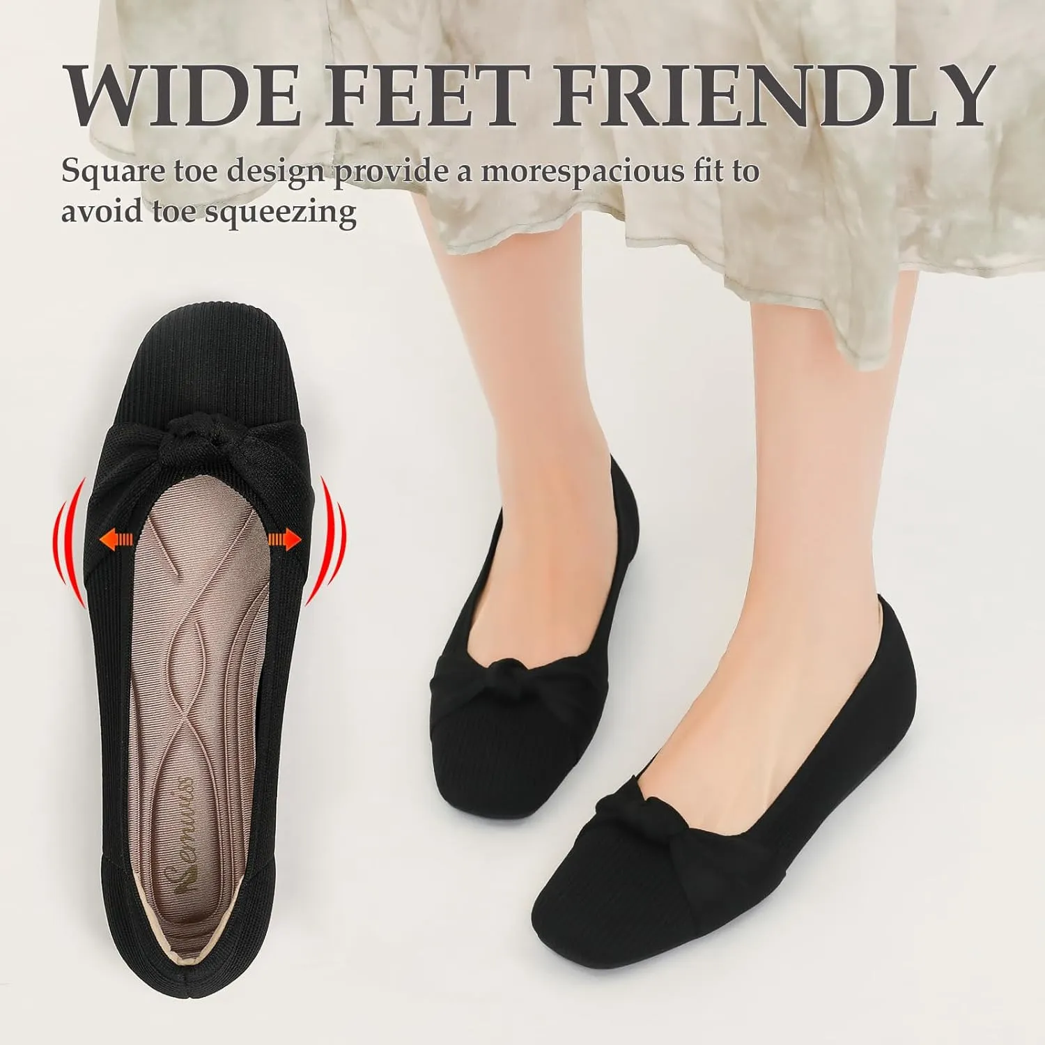 SemwissWomen Ballet Flats Square Toe Comfortable Dressy Slip on mesh Knitted Flat with Bow Office Shoes.