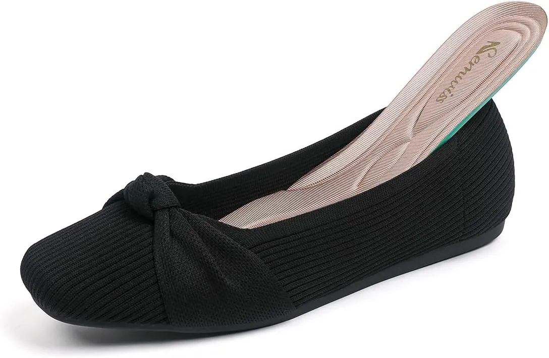 SemwissWomen Ballet Flats Square Toe Comfortable Dressy Slip on mesh Knitted Flat with Bow Office Shoes.