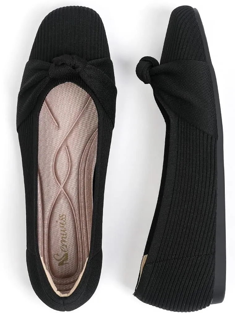 SemwissWomen Ballet Flats Square Toe Comfortable Dressy Slip on mesh Knitted Flat with Bow Office Shoes.