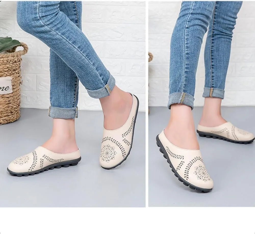 Shoes for Women Casual All-Match Hollow Slippers Slip On Sandals Orthopedic All-Match Breathable Flats Summer Slip-on Round Toe Non-Slip Lightweight Mule Sandals, Mules Slides Flat Loafers