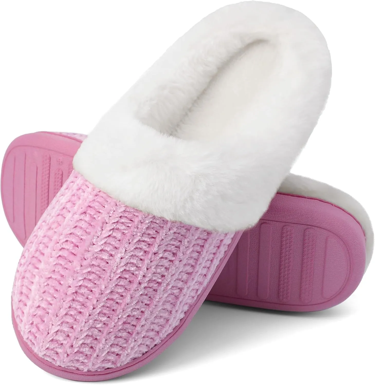 shoeslocker Women's Memory Foam Fuzzy Slippers Knit house shoe for Women Comfy Wool-Like Lined Slippers Indoor Outdoor