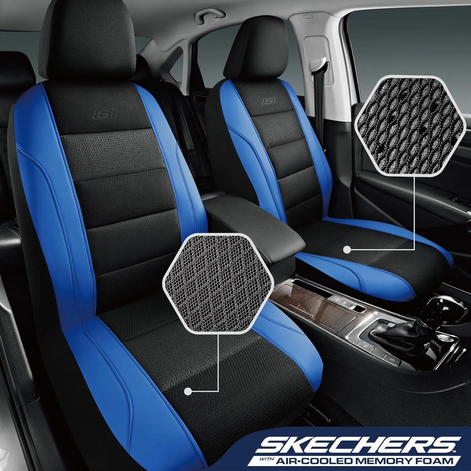 Skechers Aircooled & Memory Foam Car Seat Covers,Premium Leather with EVA Mesh Seat Covers, Front car seat Protector, Airbag Compatible, Automotive Comfort for Most Cars, Vans, Trucks, SUV,Blue