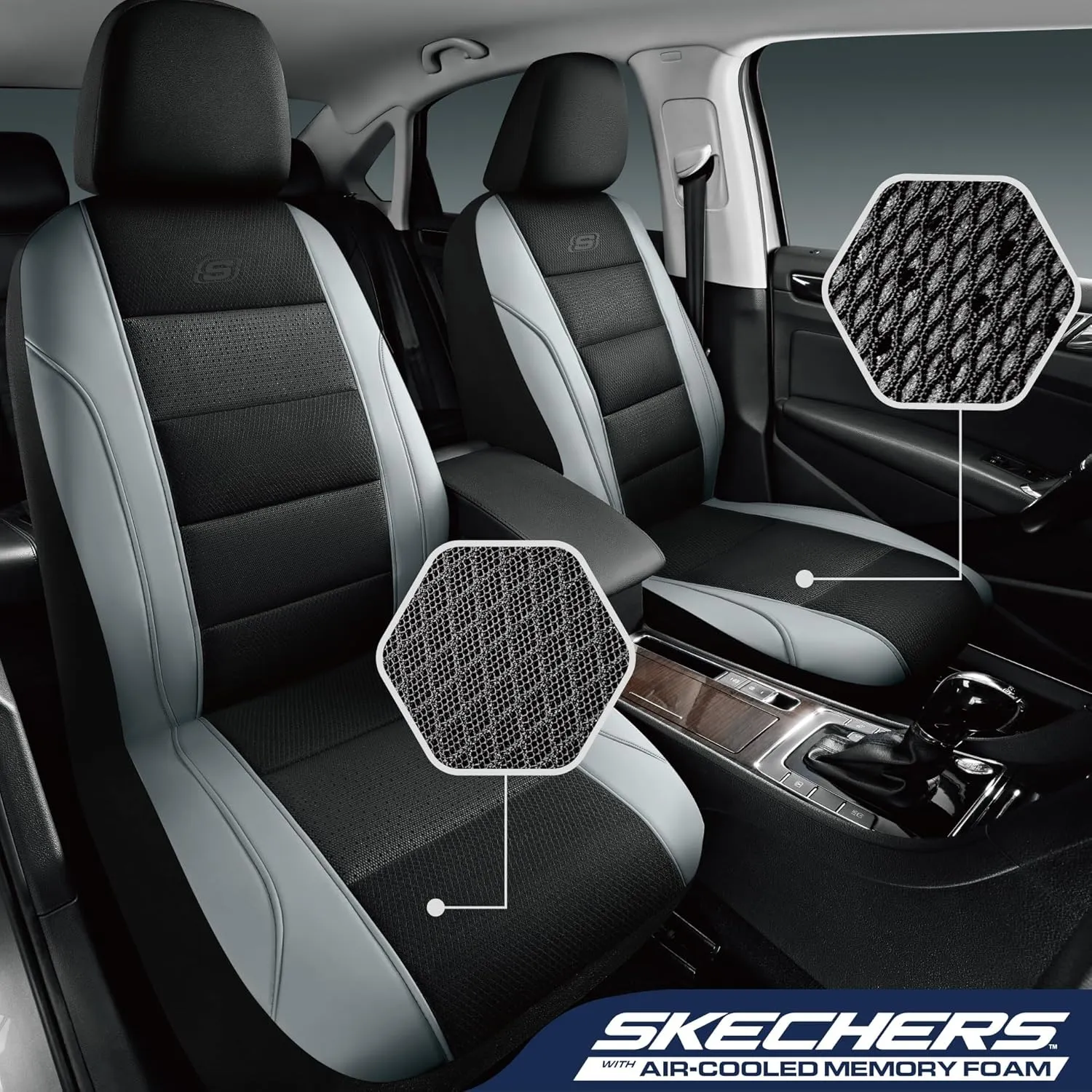 Skechers Aircooled & Memory Foam Car Seat Covers,Premium Leather with EVA Mesh Seat Covers, Front car seat Protector, Airbag Compatible, Automotive Comfort for Most Cars, Vans, Trucks, SUV,Gray