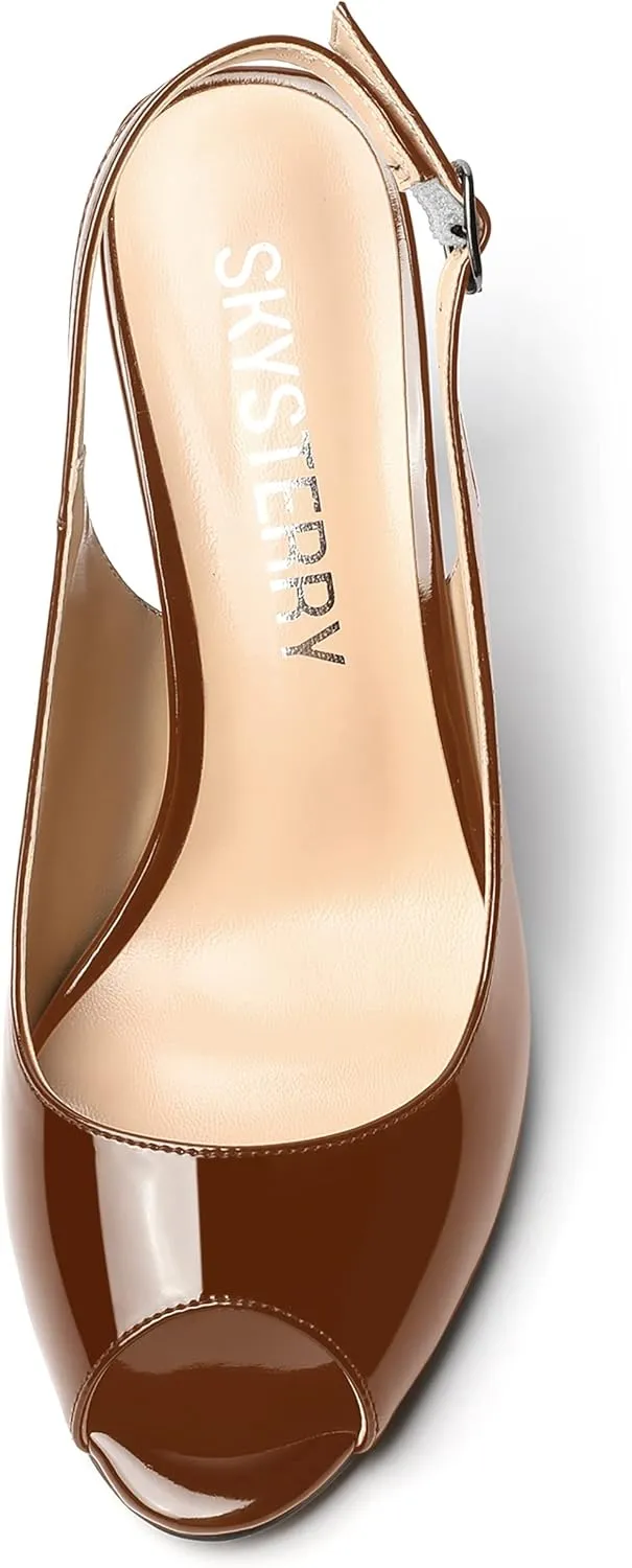 SKYSTERRY Womens Buckle Solid Wedding Peep Toe Patent Cute Slingback Spool High Heel Pumps Shoes 3.3 Inch