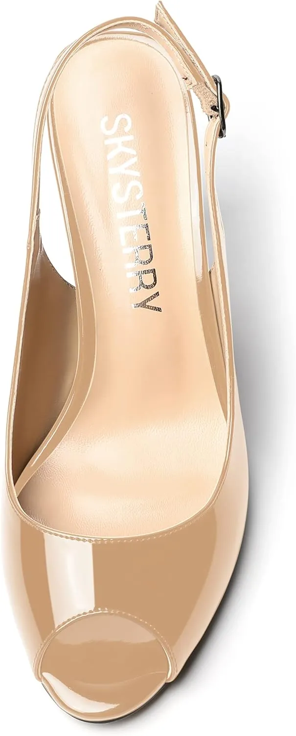 SKYSTERRY Womens Buckle Solid Wedding Peep Toe Patent Cute Slingback Spool High Heel Pumps Shoes 3.3 Inch