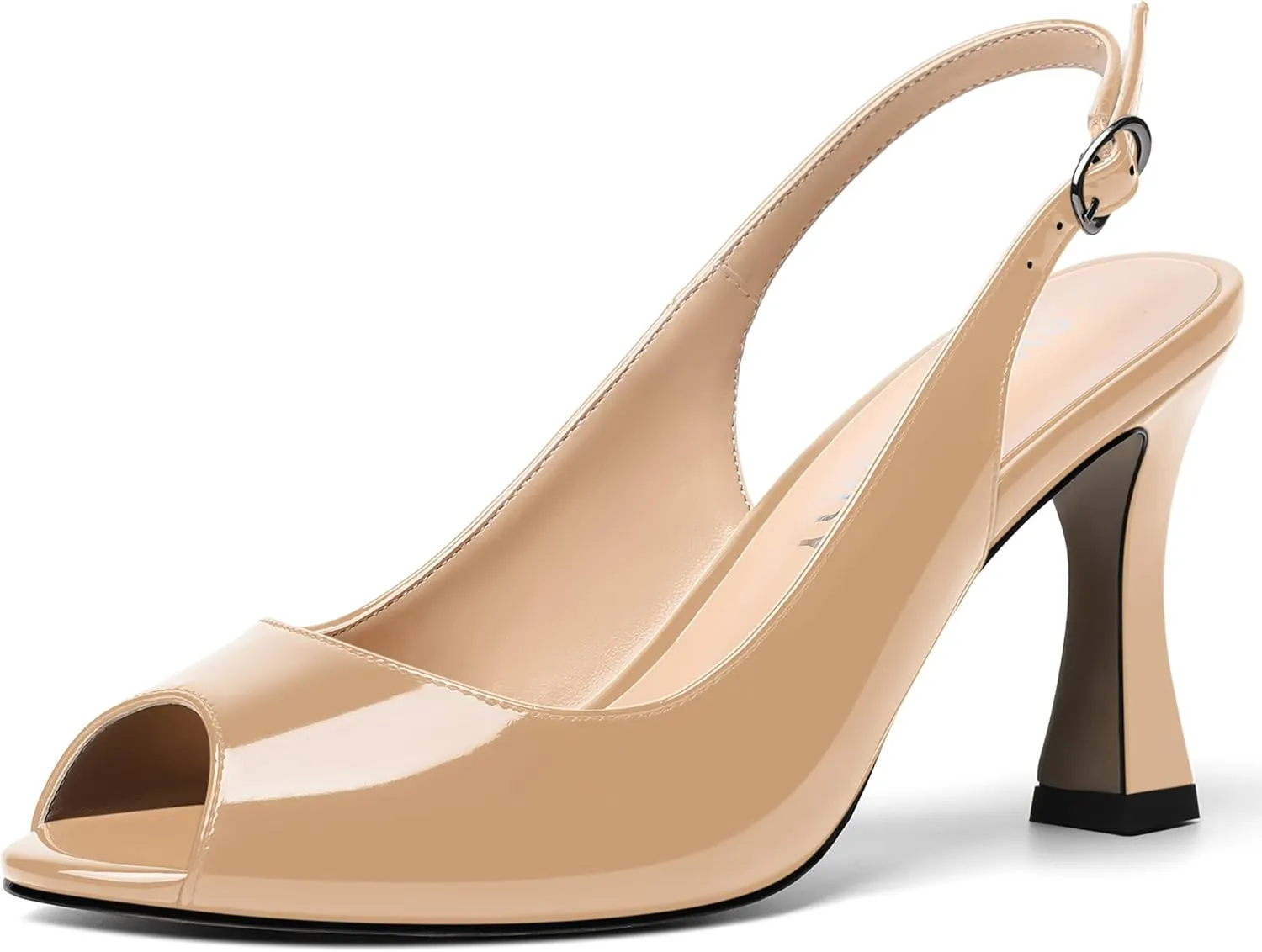 SKYSTERRY Womens Buckle Solid Wedding Peep Toe Patent Cute Slingback Spool High Heel Pumps Shoes 3.3 Inch